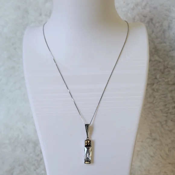 Sterling Silver 925 THAI Emerald Cut Cubic Zirconia Marcasites Necklace 18” - Picture 2 of 11